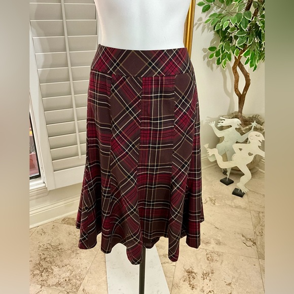 EUC KENAR Burgundy Plaid Panel Skirt with Flared Bottom Size 12 - Picture 1 of 6